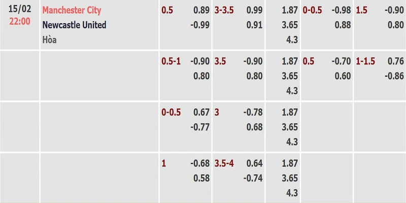 Tỷ lệ kèo trận MC vs Newcastle