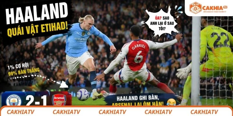Khoảnh khắc Haaland vượt qua Gabriel ghi bàn trong trận Arsenal thua Man City
